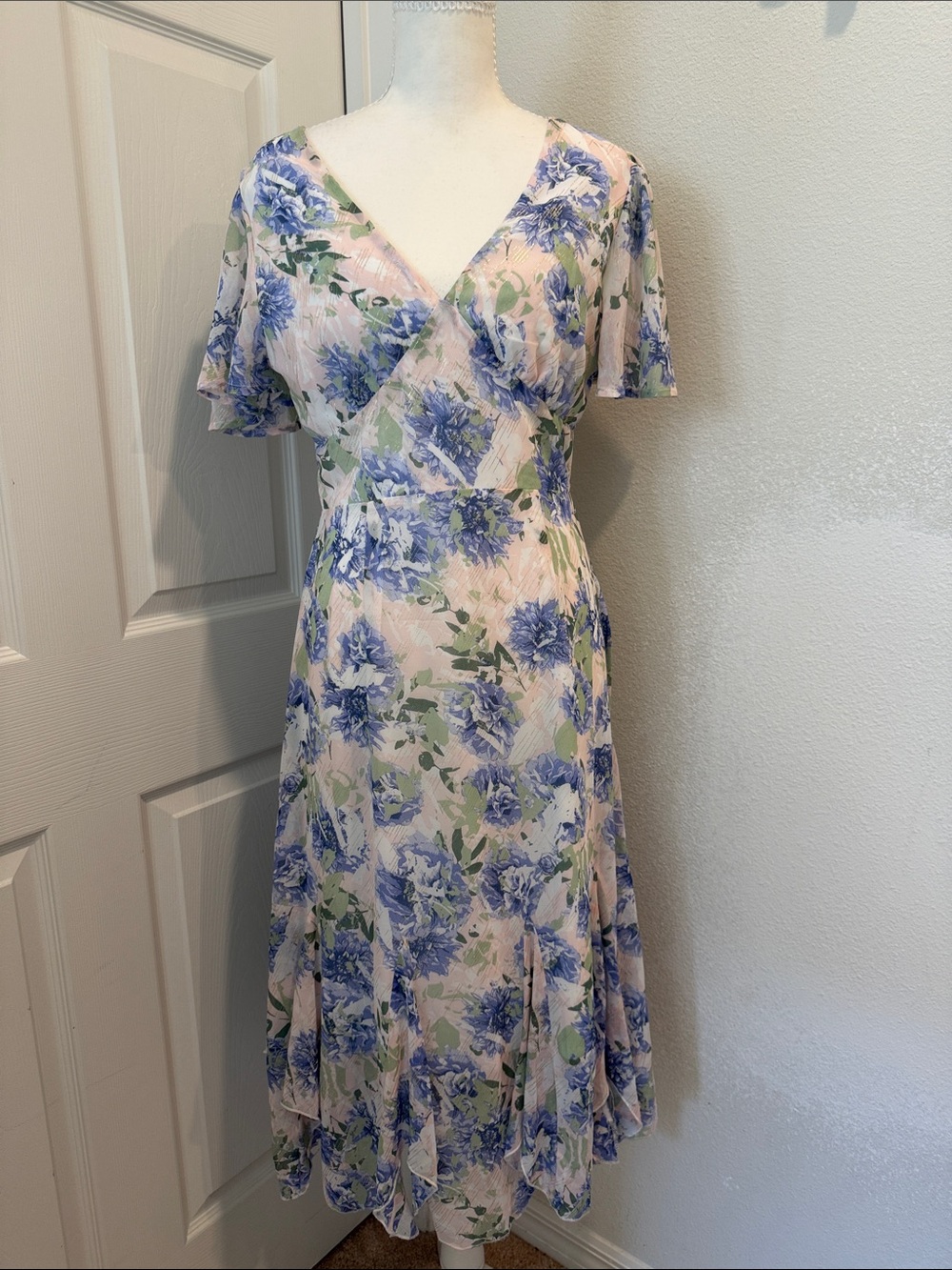 Floral Wrap Midi Dress in Blue and Cream Tones
